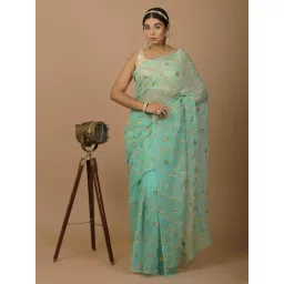 Geroo Jaipur Green Hand Embellished Gota Jaal Chiffon Saree-picture-12