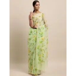Geroo Jaipur Green Hand Painted Floral Chiffon Saree-picture-42
