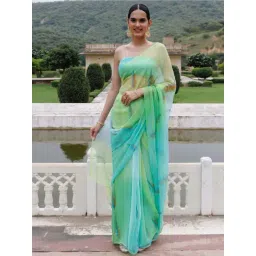 Geroo Jaipur Green Shaded Hand Painted Floral Chiffon Saree with Blouse-picture-48