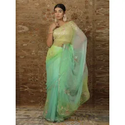 Geroo Jaipur Green Shaded Handcrafted Gota Patti Chiffon Saree-picture-29