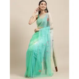 Geroo Jaipur Green Shaded Handcrafted Organza Saree-picture-33