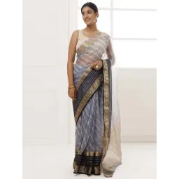 Geroo Jaipur Grey & Blue Striped Saree Without Blouse-picture-16