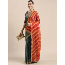 Geroo Jaipur Grey & Red Silk Printed Saree With Unstitched Blouse-picture-17