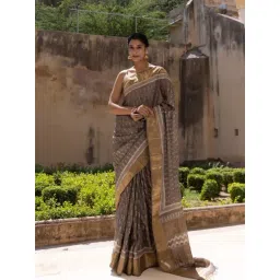 Geroo Jaipur Grey Hand Block Printed Pure Tussar Silk Zari Woven Saree-picture-41