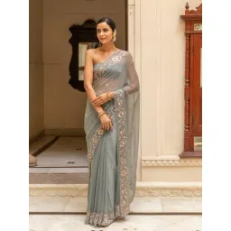 Geroo Jaipur Grey Hand Embroidered Chiffon Saree-picture-20