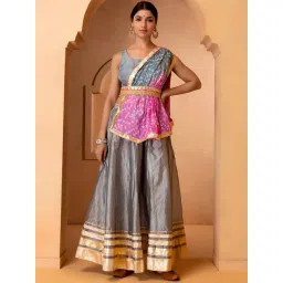Geroo Jaipur Grey Handcrafted Gota Work Chanderi Stitched Lehenga Set-picture-15
