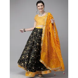 Geroo Jaipur Hand Embroidered Black Kota Silk Sustainable Lehenga With Yellow Bandhani Dupatta-picture-36
