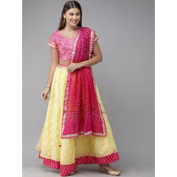 Geroo Jaipur Handcrafted Yellow Stitched Kota Silk Sustainable Lehenga With Bandhani Dupatta-picture-35