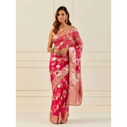 Geroo Jaipur Magenta Pink Handcrafted Zari Woven Organza Banarasi Saree-picture-44