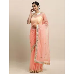Geroo Jaipur Peach Handcrafted Gota Patti Organza Saree-picture-25