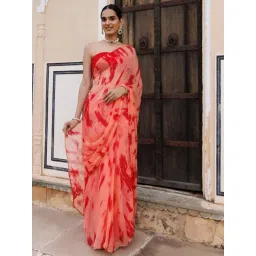 Geroo Jaipur Peach-Red Hand Dyed Shibori Bandhani Chiffon Saree with Blouse-picture-40