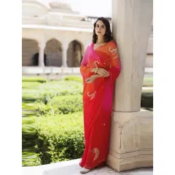 Geroo Jaipur Pink & Orange Hand Embroidered Chiffon Saree-picture-24