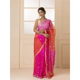 Geroo Jaipur Pink & Orange Pure Kota Silk Handcrafted Gota Jaal Bandhani Saree-picture-37