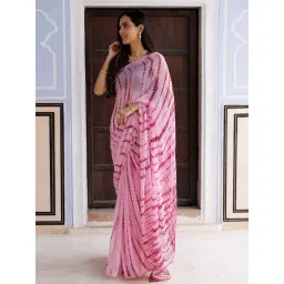 Geroo Jaipur Pink Hand Dyed Shibori Bandhani Chiffon Saree with Blouse-picture-19