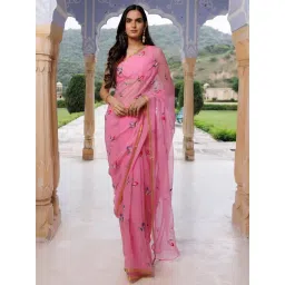 Geroo Jaipur Pink Hand Painted Floral Chiffon Saree with Blouse-picture-24
