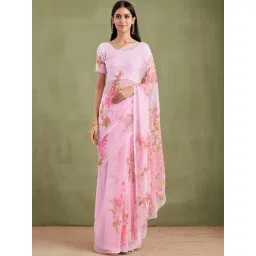 Geroo Jaipur Pink Hand Painted Mukaish Chiffon Saree-picture-13