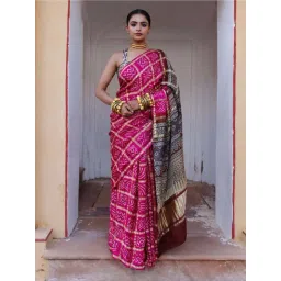 Geroo Jaipur Pink Pure Bandhani Gharchola Zari Silk Saree with Ajrakh Pallu-picture-10