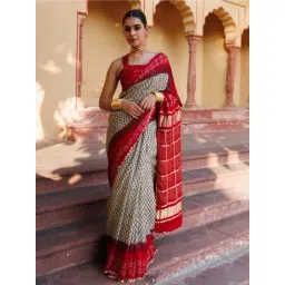 Geroo Jaipur Red Ajrakh Handblock Pure Bandhani Silk Saree with Zari Gharchola Pallu-picture-41