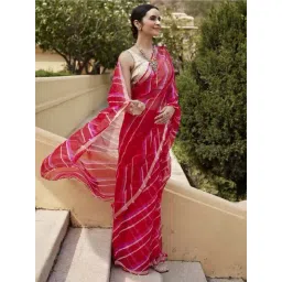 Geroo Jaipur Red & Pink Pure Kota Silk Hand Dyed Leheriya Saree-picture-13