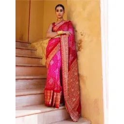 Geroo Jaipur Red & Pink Shaded Kanjivaram Silk Bandhani Saree-picture-42