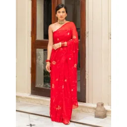 Geroo Jaipur Red Hand Embroidered Aari Work Chiffon Saree-picture-10
