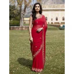 Geroo Jaipur Red Hand Embroidered Gota Patti Chiffon Saree-picture-13