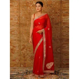 Geroo Jaipur Red Handcrafted Embellished Gota Patti Organza Saree-picture-46