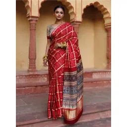 Geroo Jaipur Red Pure Bandhani Gharchola Zari Silk Saree with Ajrakh Pallu-picture-43