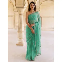 Geroo Jaipur Turquoise Blue Hand Embroidered Resham-Tube Chiffon Saree-picture-11