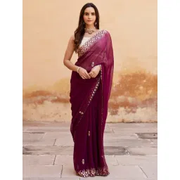 Geroo Jaipur Wine Hand Embroidered Gota Patti Chiffon Saree-picture-36