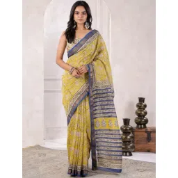 Geroo Jaipur Yelllow Hand Block Printed Floral Chanderi Saree-picture-36