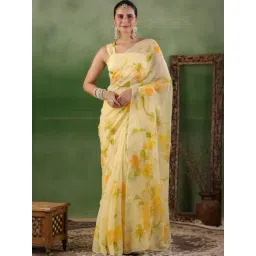 Geroo Jaipur Yellow Hand Painted Chiffon Saree-picture-28