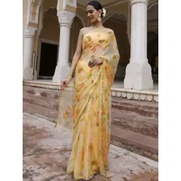 Geroo Jaipur Yellow Hand Painted Floral Chiffon Saree-picture-45