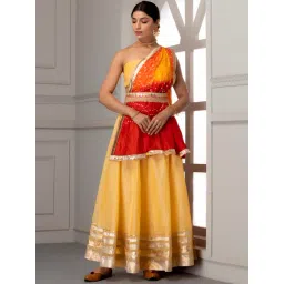 Geroo Jaipur Yellow Handcrafted Gota Work Chanderi Stitched Lehenga Set-picture-33