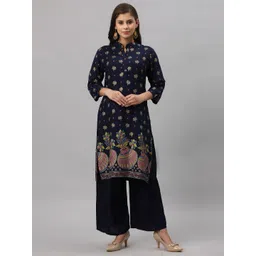 Get Glamr Women Navy Blue Floral Printed Kurta with Palazzos-picture-16