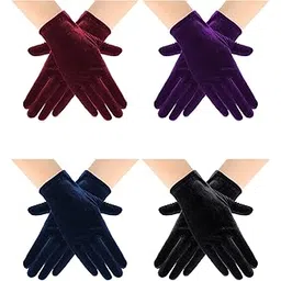geyoga 4 Pairs Women Short Velvet Gloves Winter Satin Gloves Warm Tea Party Wrist Mitten for Dancing Party Cosplay Costume, Black, Purple, Blue, Wine Red, average size-picture-32