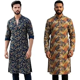 gg style Mens Traditional Floral Print Cotton Kurta, Navy Blue with Mandala Pattern, Long Sleeve Ethnic Wear-picture-53