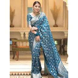 GHAN SALS Turquoise Blue Silk Blend Woven Design Sarees-picture-33