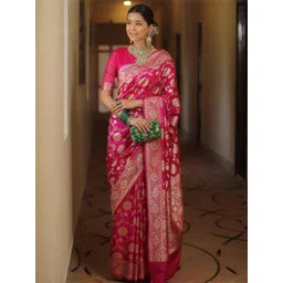 GHAN SALS Women Pink Ethnic Motifs Zari Silk Blend Kanjeevaram Saree-picture-17