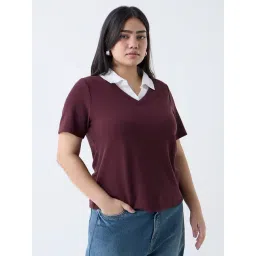 Gia by Westside Burgundy Ribbed-Textured T-Shirt-picture-14