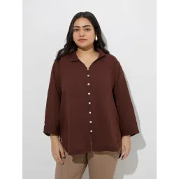 Gia by Westside Dark Brown Crinkle-Textured Cotton Blouse-picture-36