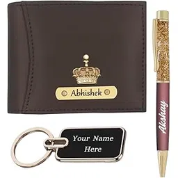 gift for special Leather Classic Customized Wallet for Men with Pen and Keychain/Customized Wallets for Men Gift/customised Gifts - Wallet + Metal Keychain + Metal Pen with Name (Dark Brown)-picture-54