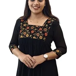 gifted women Floral Print Navy Kurta Set, Round Neck, Three Quarter Sleeve, Organza Fabric, 120 cm Length-picture-36