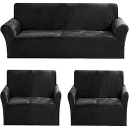 Gifts Island® Premium Velvet Sofa Cover 3 Seater and 2 Seater Fully Covered Universal 5 Seater Sofa Cover Non-Slip Sticky Elastic Stretchable Sofa Set Slipcover Protector for (3+1+1 Seater), Black-picture-18
