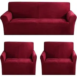 Gifts Island® Premium Velvet Sofa Cover 3 Seater and 2 Seater Fully Covered Universal 5 Seater Sofa Cover Non-Slip Sticky Elastic Stretchable Sofa Set Slipcover Protector for (3+1+1 Seater), Maroon-picture-15