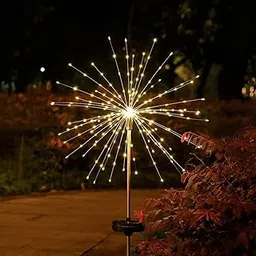 GIGALUMI Outdoor 90 LEDs Solar Firework Light 2 Lightning Modes Starburst Design Water Resistant Garden StringLights for Party Decor Patio Lawn Yard (Warm Yellow, Pack of 1)-picture-27