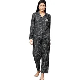 gillkart Women's Casual Full Sleeves Polka Dot Printed Rayon Shirt with Pyjama Pant Night Suit Set (Grey, L)-PID48565-picture-32