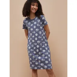 Ginger By Lifestyle Dark Blue Cotton Regular Fit Printed Nighties-picture-28