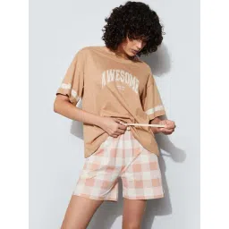 Ginger By Lifestyle Light Brown Cotton Regular Fit Printed Sleepwear T-Shirt-picture-37