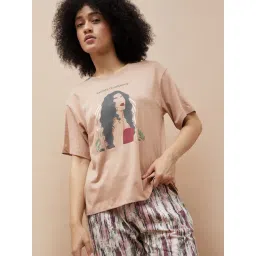 Ginger By Lifestyle Light Brown Cotton Regular Fit Printed Sleepwear T-Shirt-picture-38